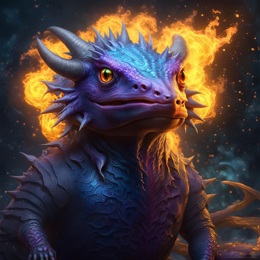 Evil Axolotl Dragon Scorching with Blue Fire