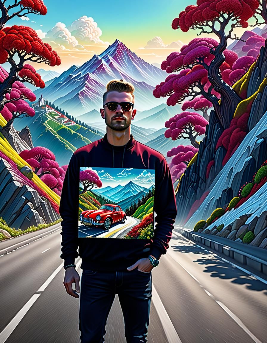 Mountain man waiting for a fast red car