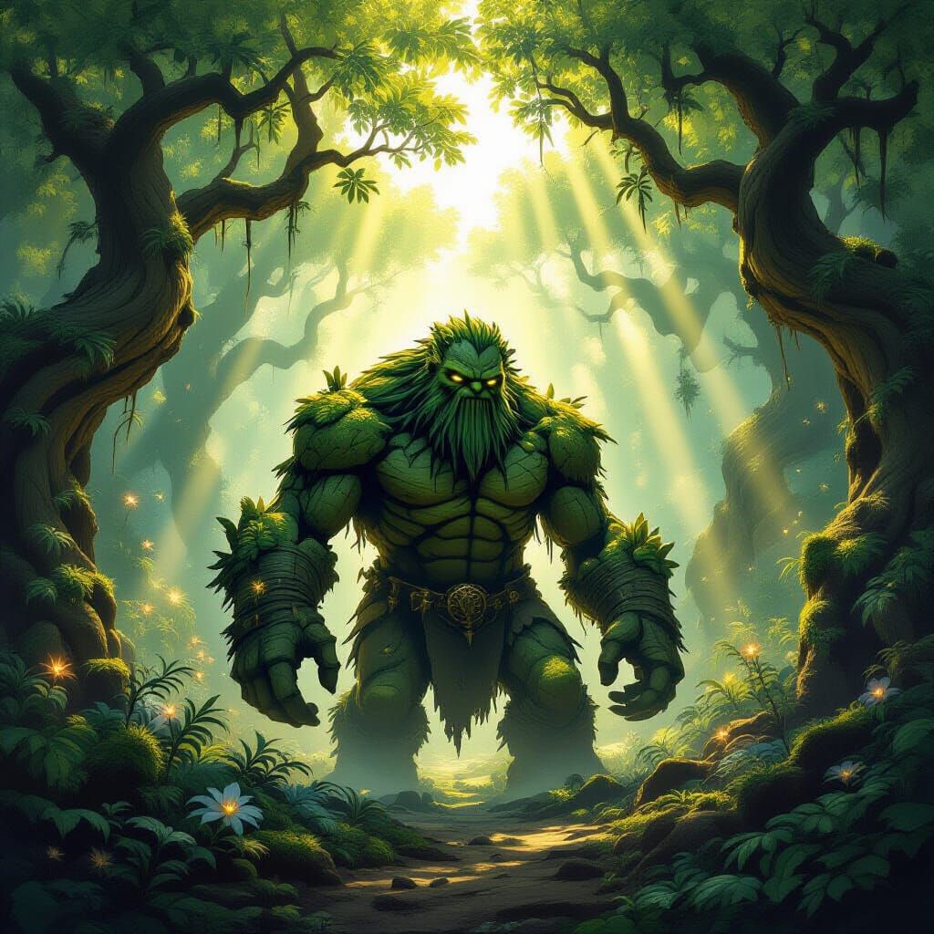Mossy Golem Awakens in Enchanted Forest Clearing