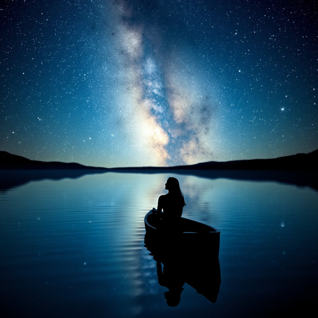 Stargazer Silhouette Reflecting in Lake at Night