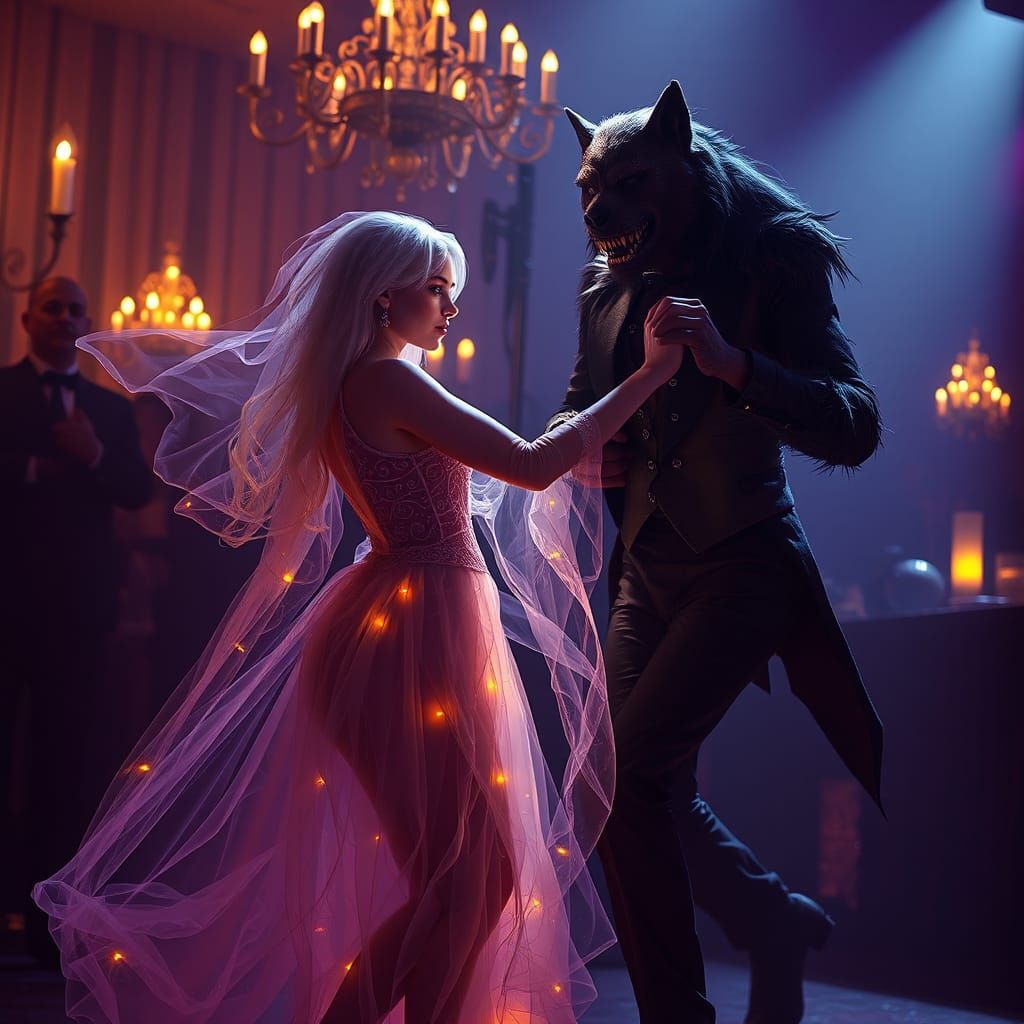 Ghostly Woman and Werewolf at Halloween Party