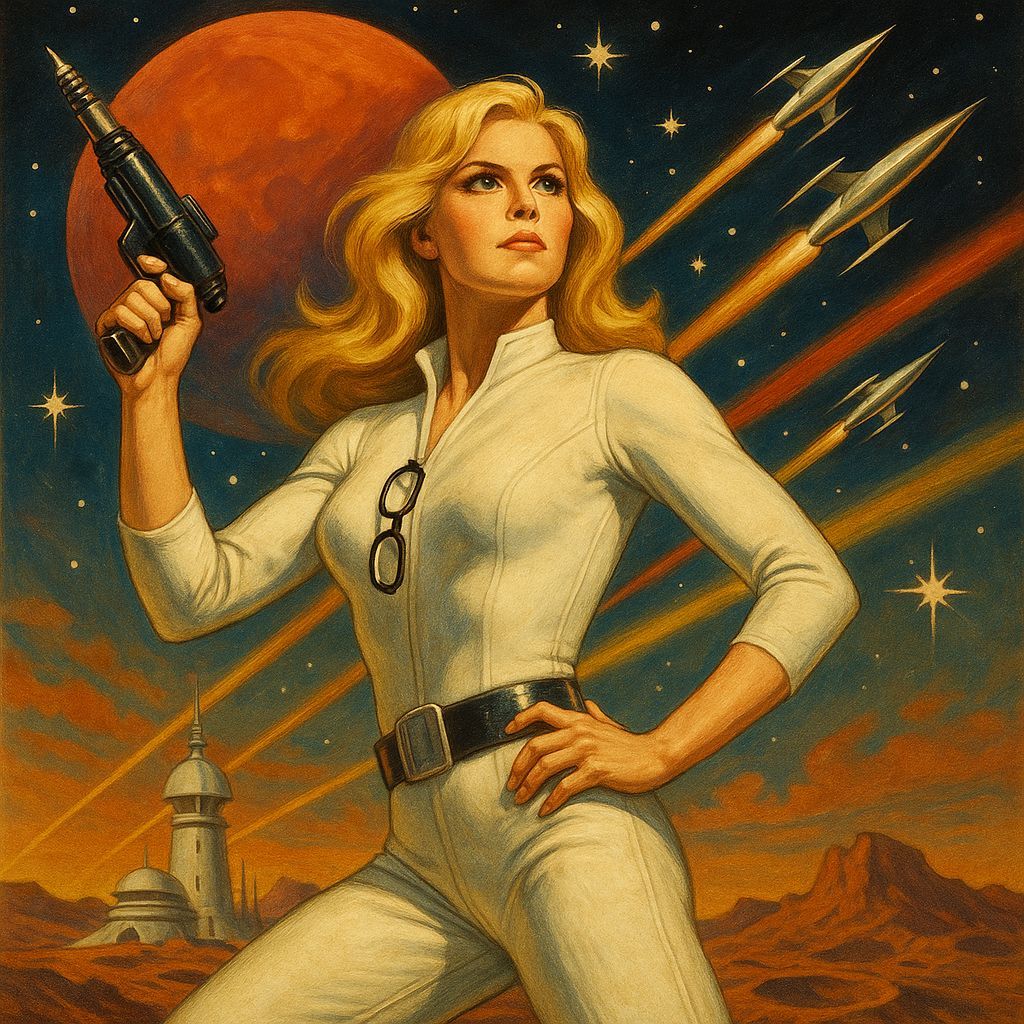 Heroic Blonde Space Adventurer in Retrofuturistic Armor