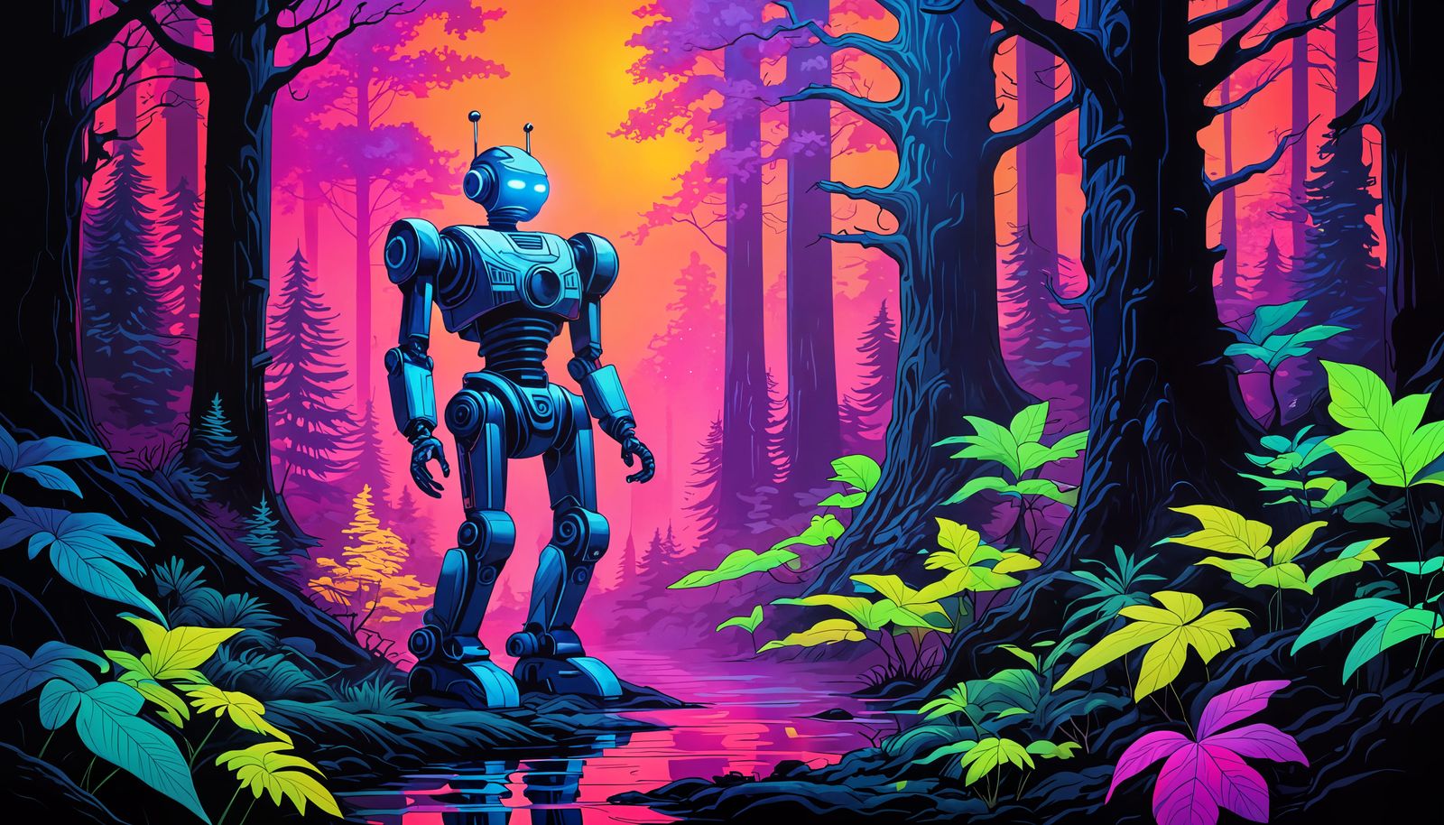 Marvelous Epic Futurism robot neon blacklight poster bold beautiful forest