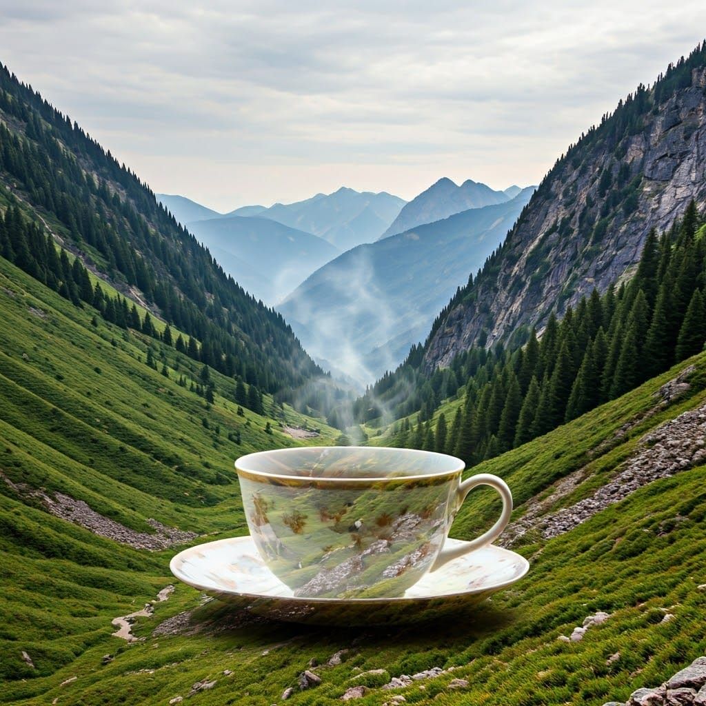 Landscape Teacup Scene with Double Exposure