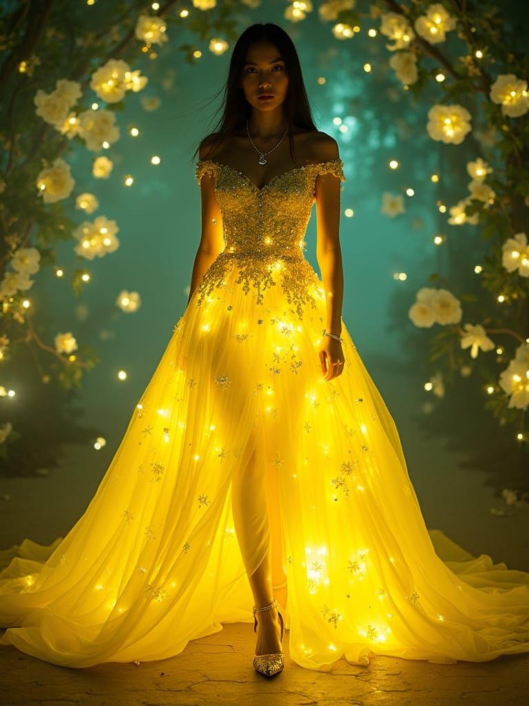 Regal Woman in Yellow Lemon Neon Dress with Constellation De...