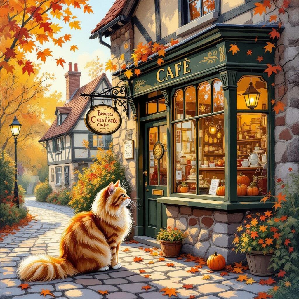 Ginger Cat at Cozy Autumn Cafe Gouache Painting