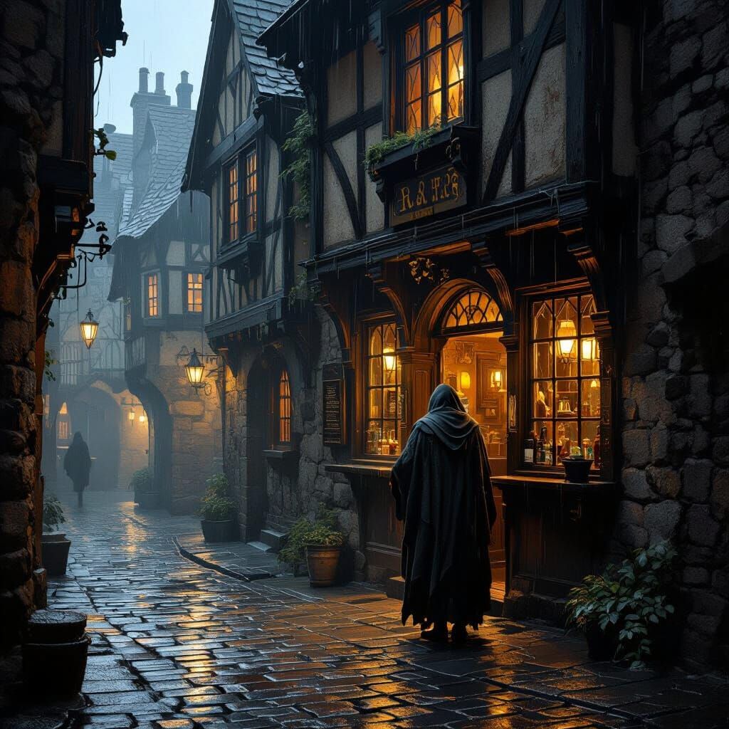 Weary Traveler at Dimly Lit Tavern Entrance