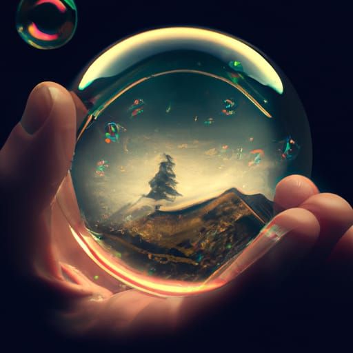 Hand Holding Water Bubble with Tree and Moon