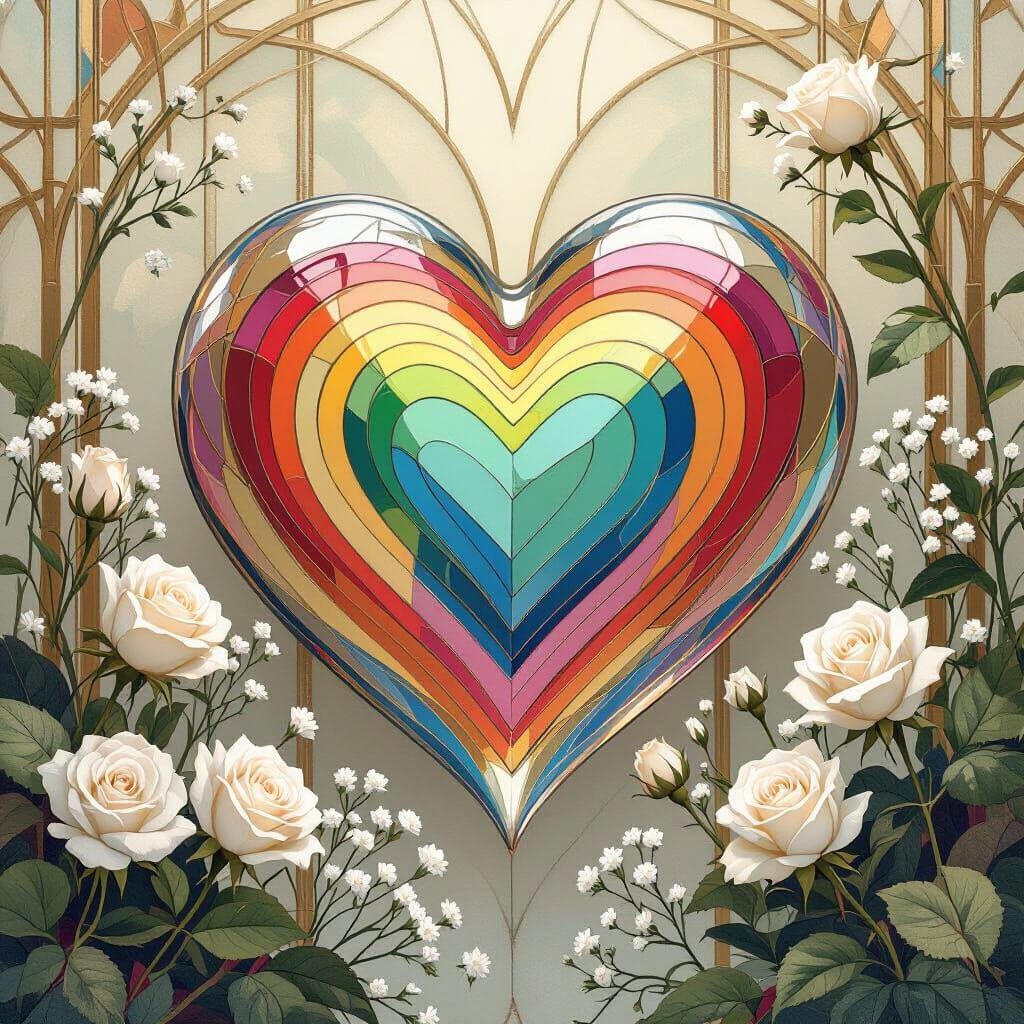 Rainbow Heart in Art Deco Floral Setting