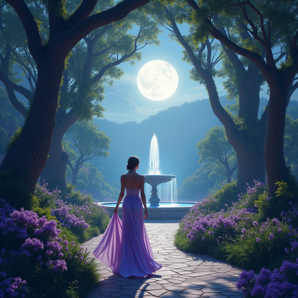 Moonlit Garden Scene in Futuristic Digital Painting Style