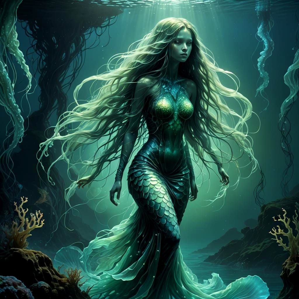Mermaid Lost in the Abyss: Underwater Fantasy