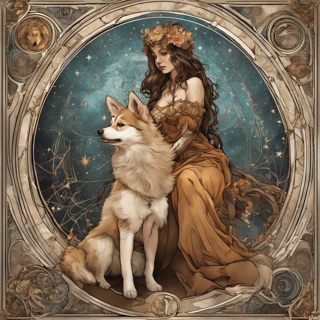 Tarot Card in Art Nouveau Style with Woman and Dogs
