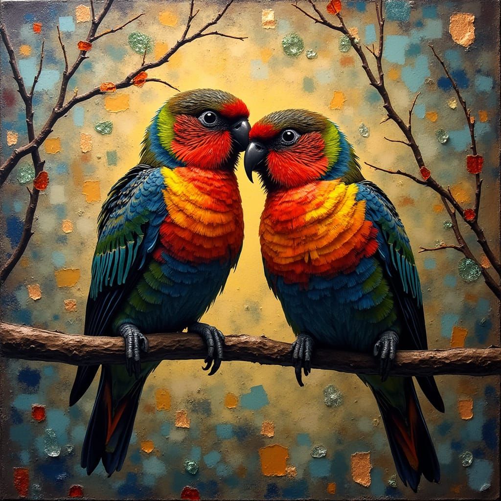 Lovebirds in Mixed Media Collage with Shimmering Glass