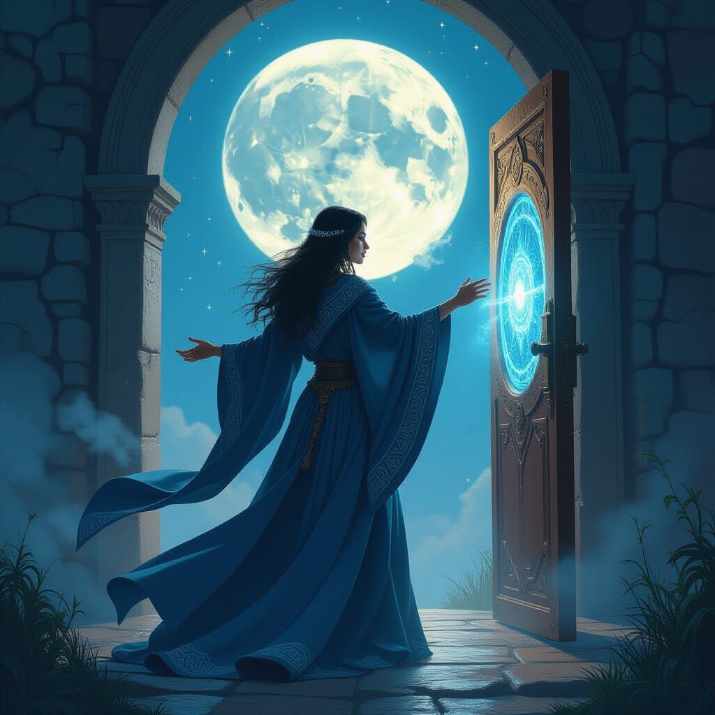 Mystical Sorceress Opens Dimensional Portal Under Moon