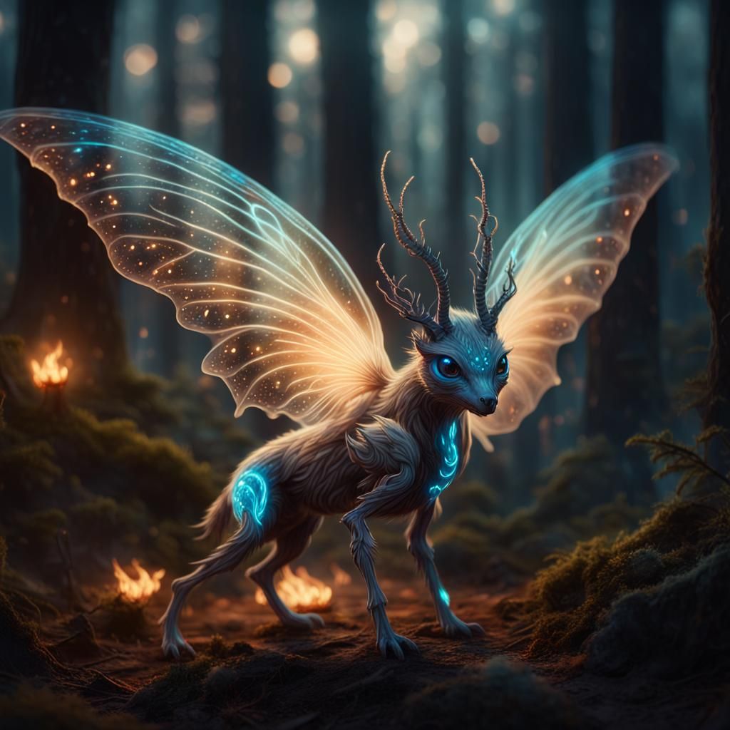 Bioluminescent Creature in Mystical Forest, Hyperrealistic