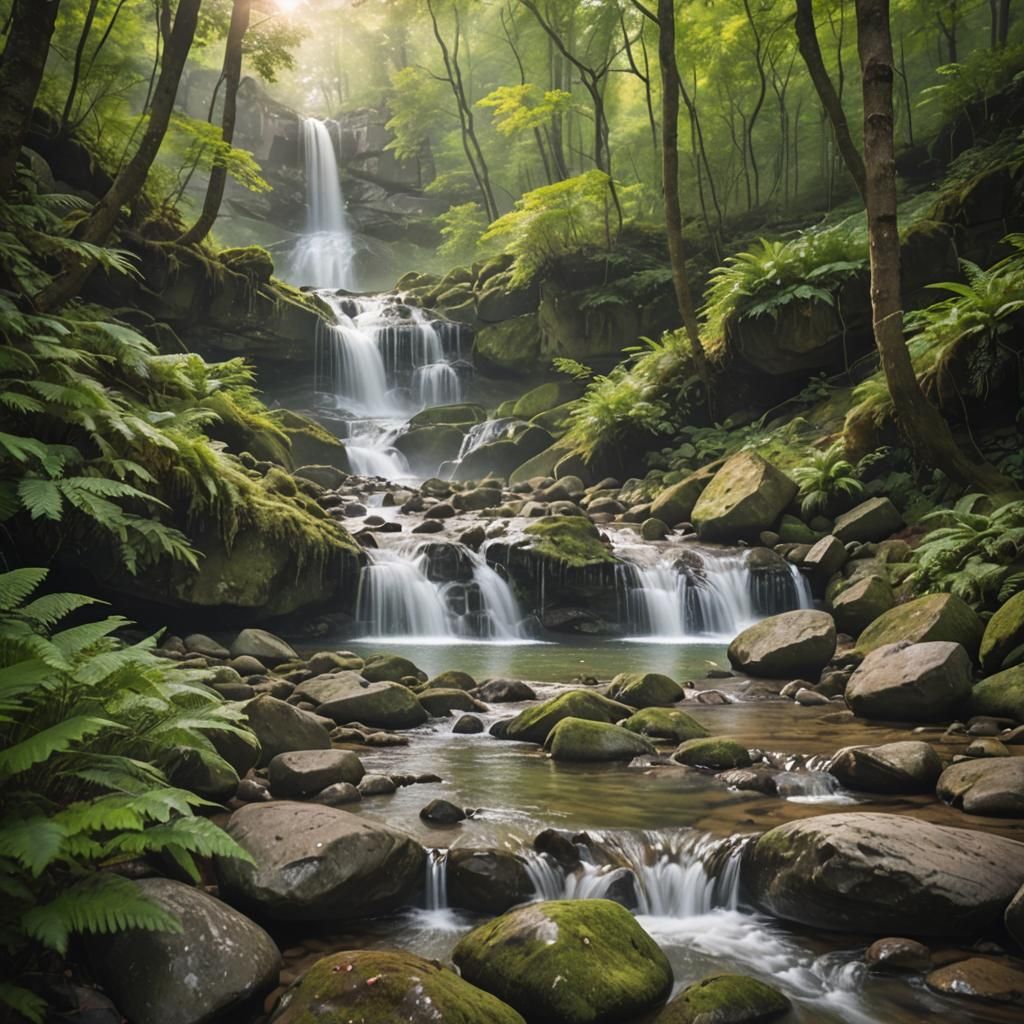 Serene Waterfall in Lush Forest with Soft Lighting