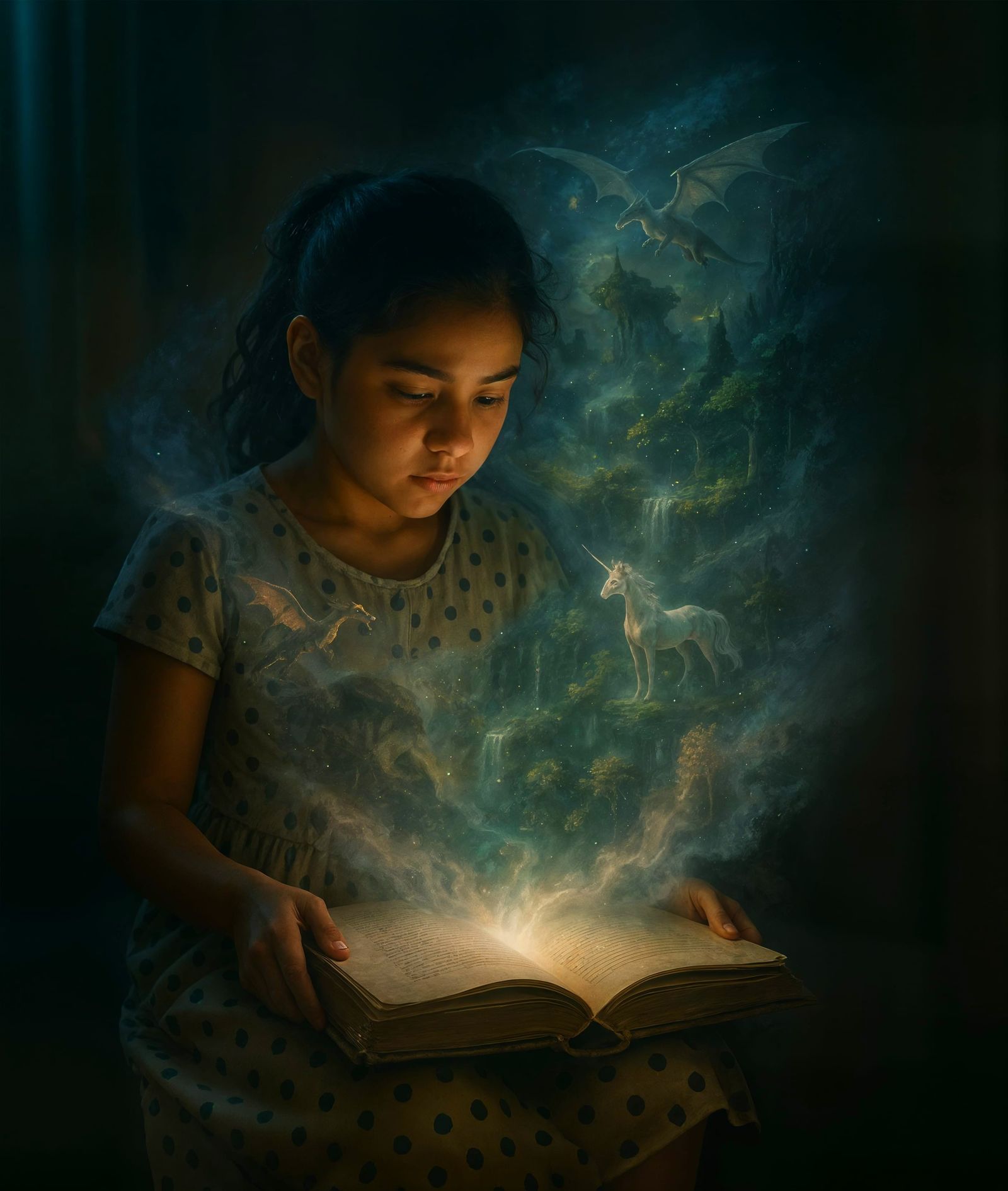 Ethereal Reader: Fantasy World Projection from Antique Book