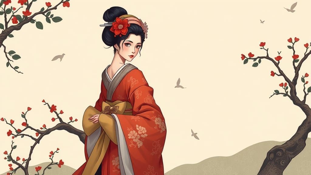 Geisha and Samurai in Ukiyo-e Style