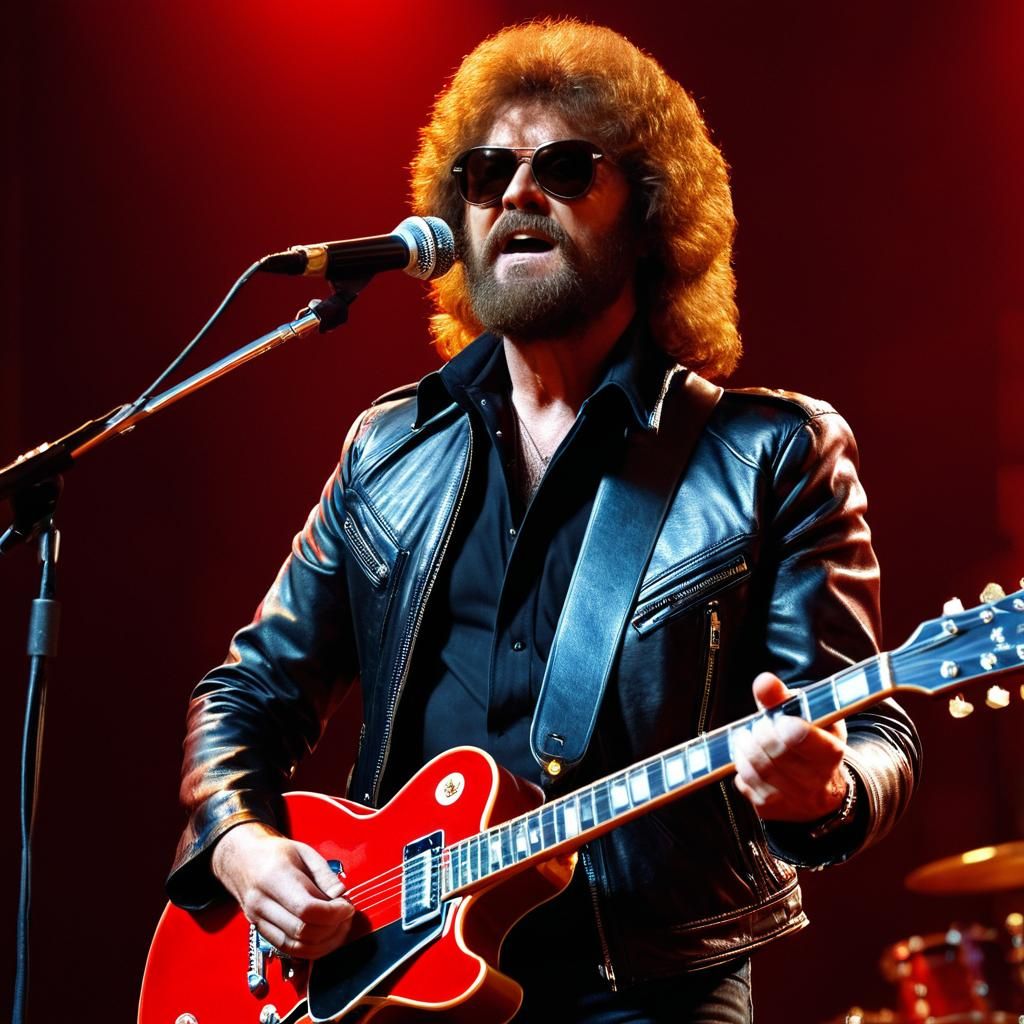 Jeff Lynne Portrait with Red Guitar, Hyperrealistic Style
