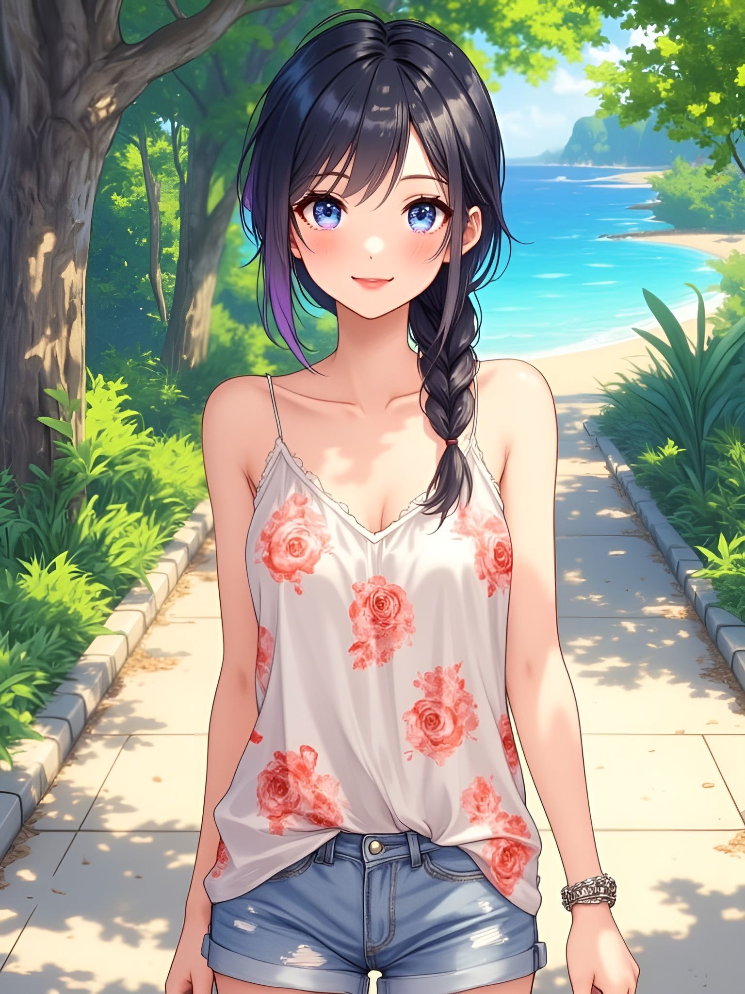 Laughing Anime Woman on Beach Path in 8k Style