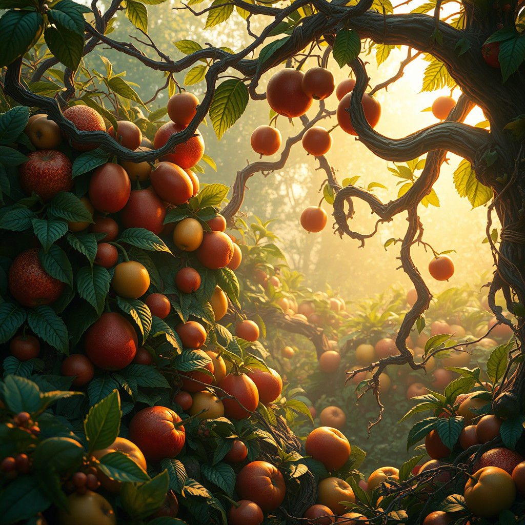 Lush Fruit Garden in a Mystical Landscape