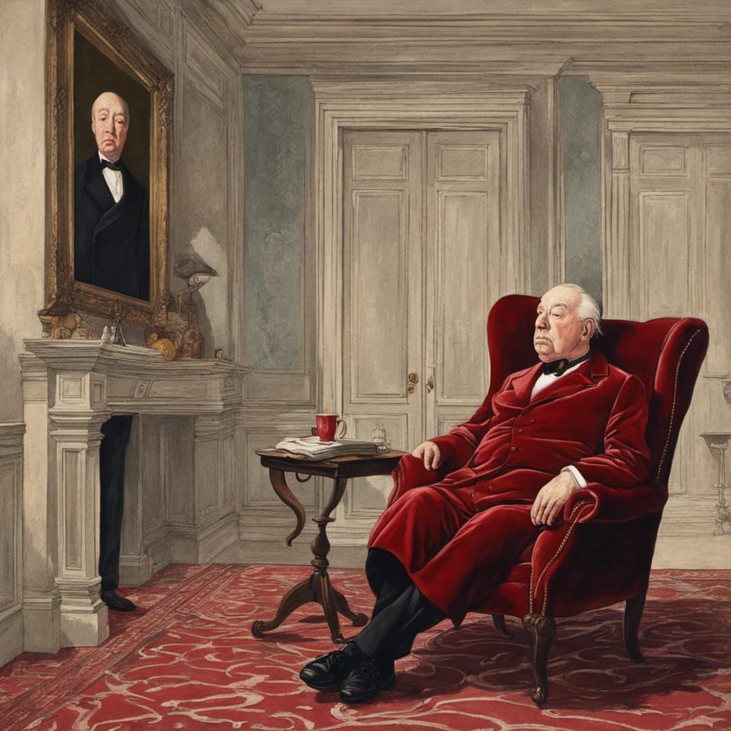 Alfred Hitchcock in an old mansion red velvet chair with a red smoking jacket on Canaletto Amanda Sage