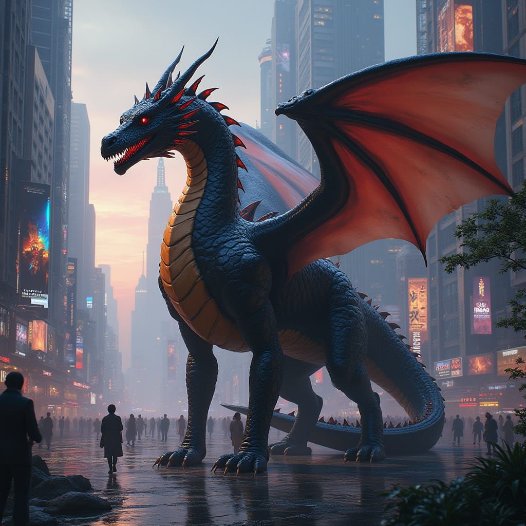 Futuristic Black Dragon Dominates Utopian Cityscape