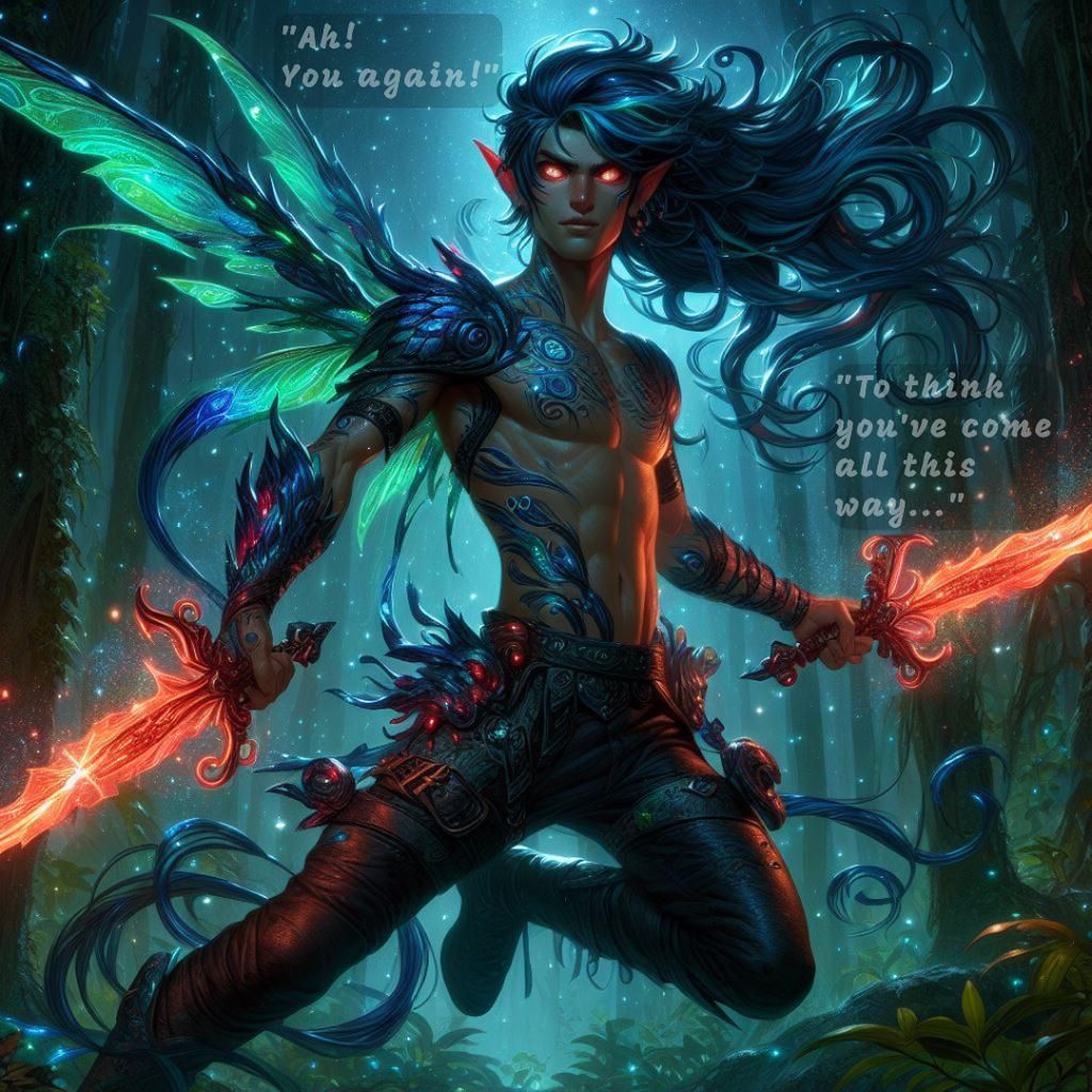 Bioluminescent Pixie Warrior with Red Daggers