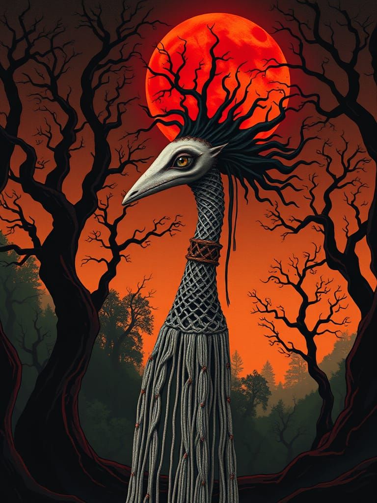 Macrame Rokurokubi in Mystical Forest, Psychedelic Style