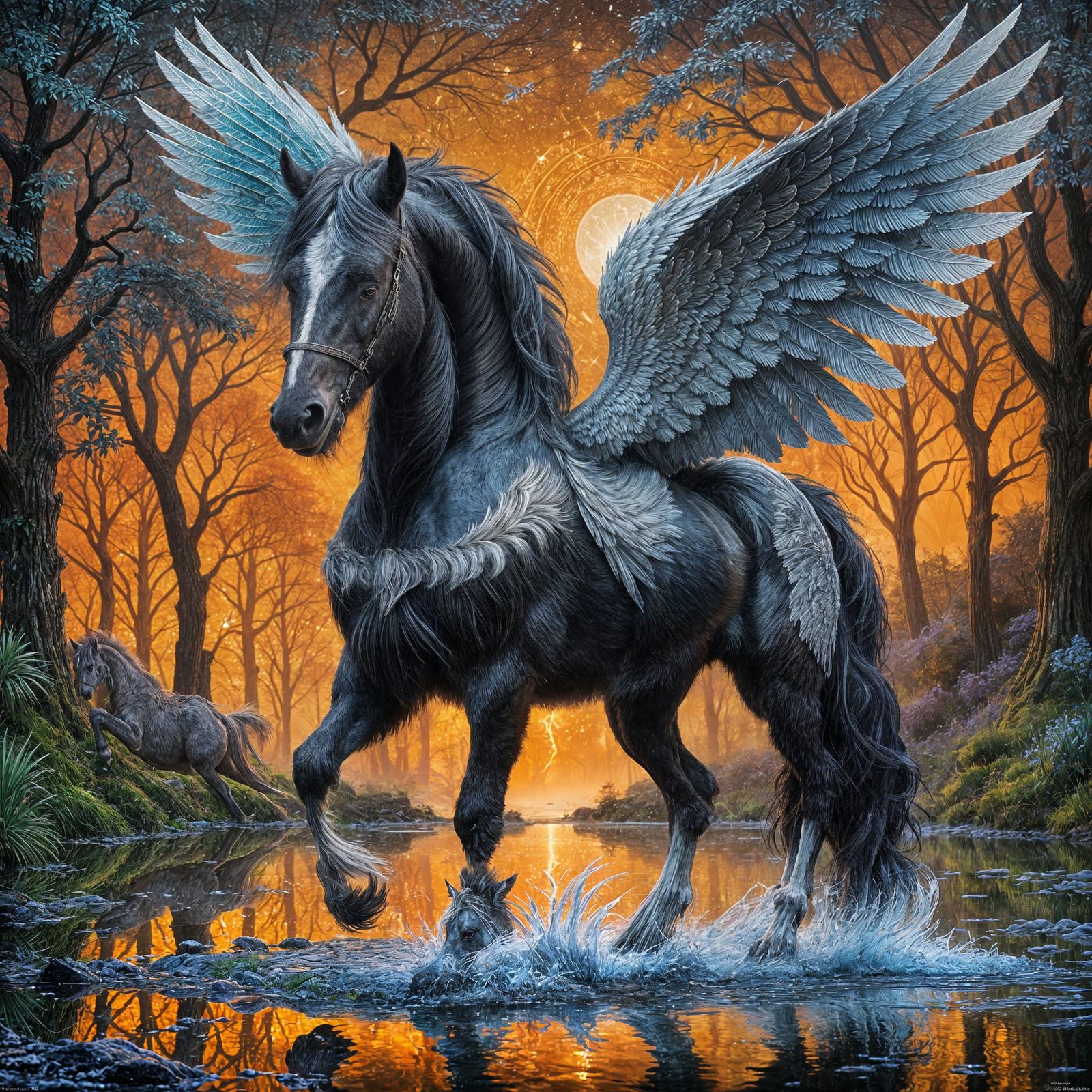 An awe-inspiring 8k hyperrealistic image of a mythical black Clydesdale Pegasus, showcasing its iridescent dragon-scale ...