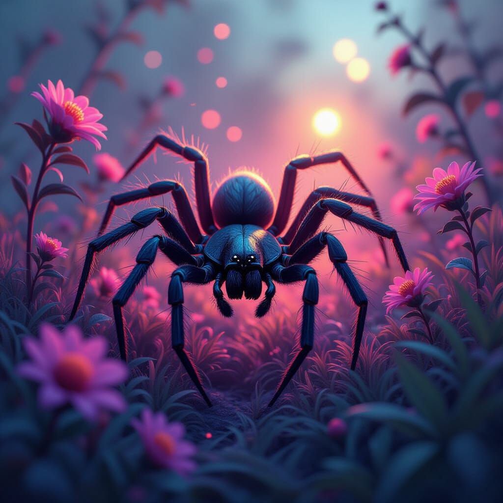 Mystical Spider Among Glowing Flora in 8K