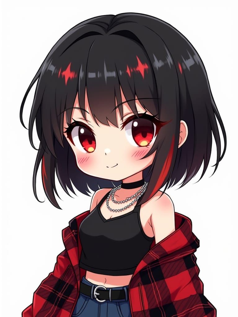 Gothic Chibi Girl in Red and Black Plaid Jacket