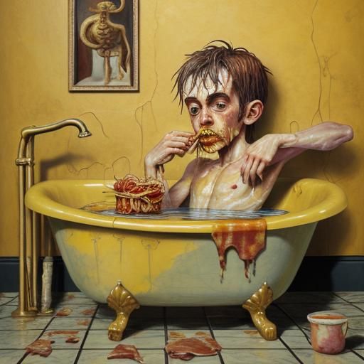 Surreal Boy Eating Spaghetti in Bathtub
