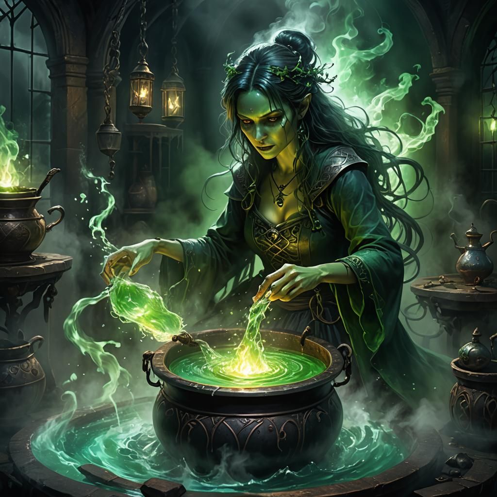 Wicked Sorceress Brewing Potion in Dark Fantasy Art