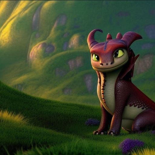 Cute Dragon on Hillside in Pixar Style