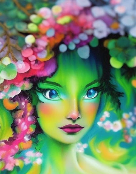 Youthful Dryad with Blossom Hair in Rococo Style