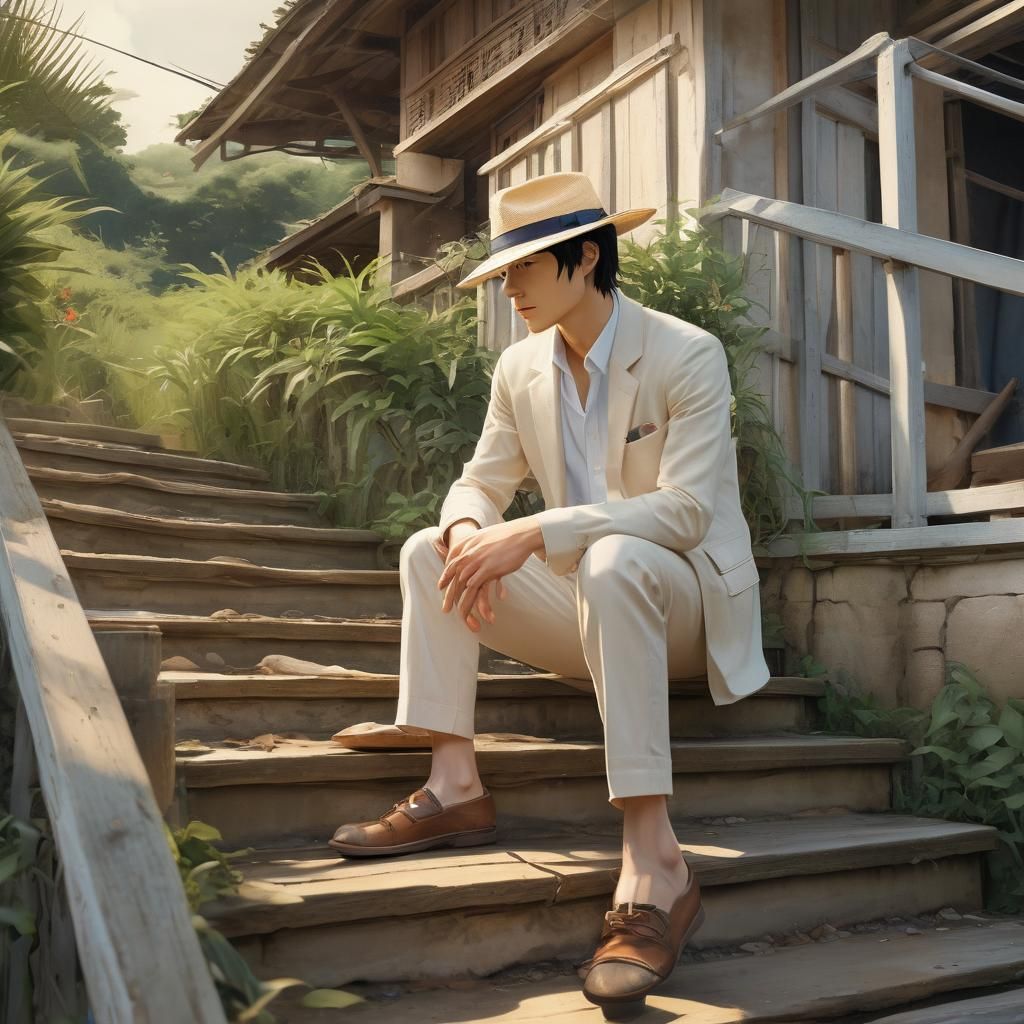 Seaside Contemplation: Anime-Inspired Watercolor Scene