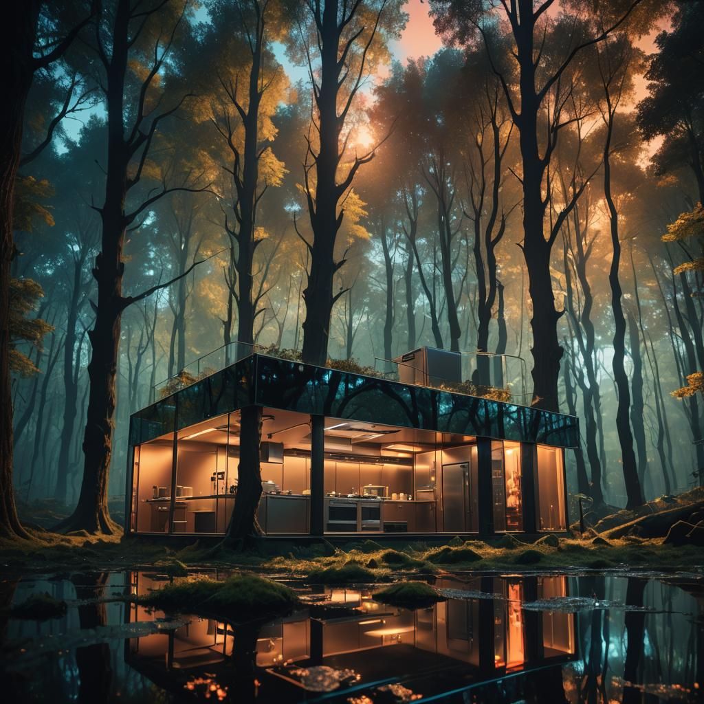 Surreal Forest Kitchen in Dreamlike Neon Style