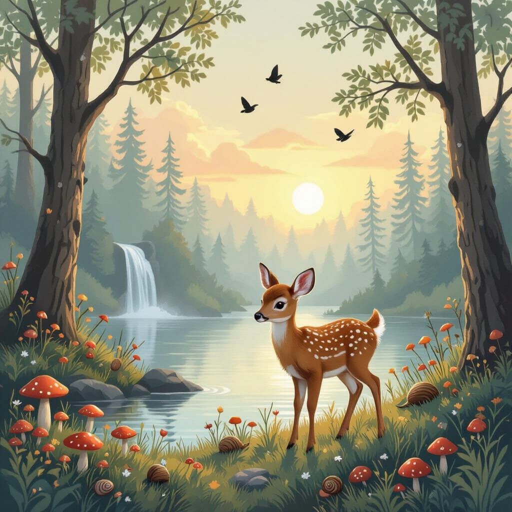 Fawn in Forest Glade at Sunrise: Whimsical Illustration