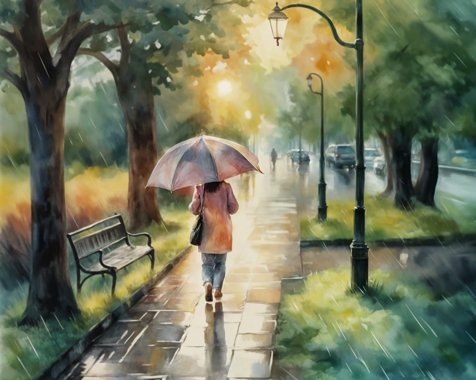 Dreamy Watercolour Painting of Woman with Umbrella in Rain