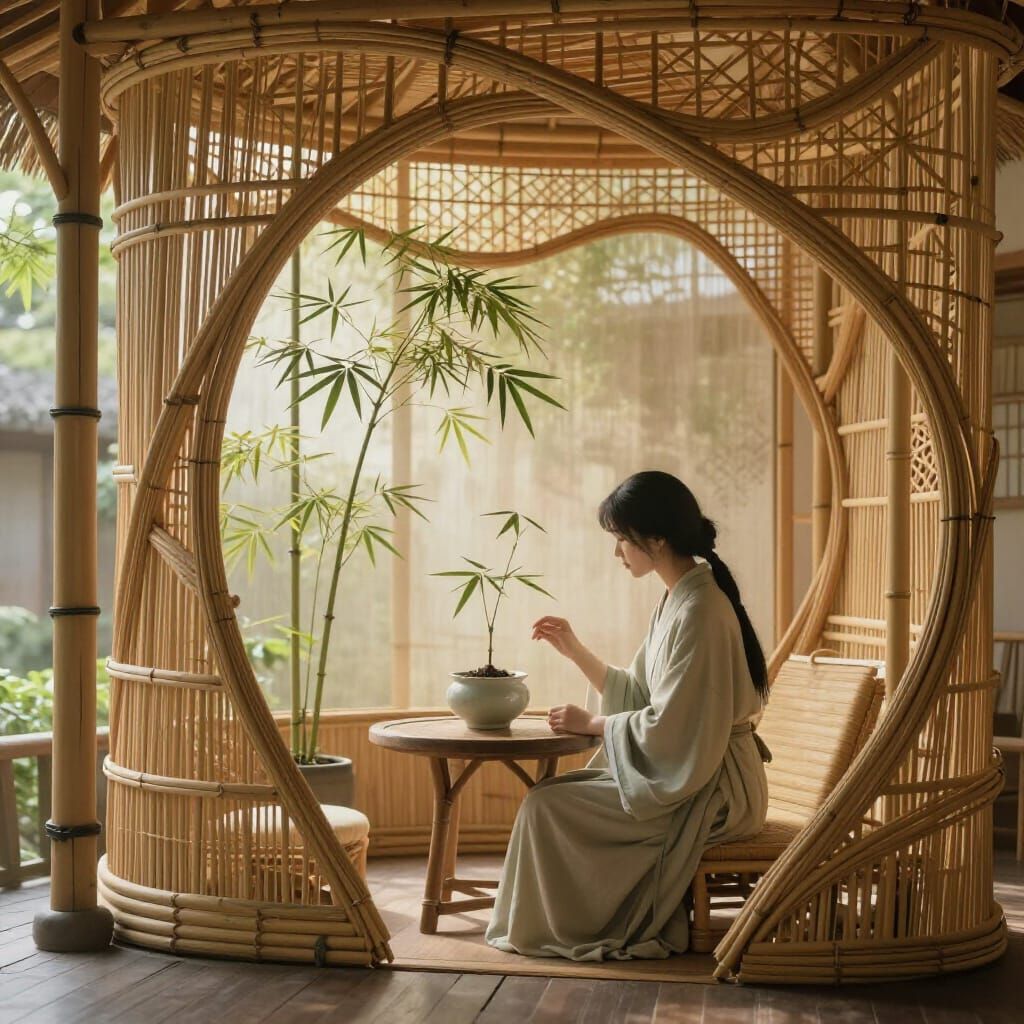 Ornate Bamboo Teahouse with Serene Figure