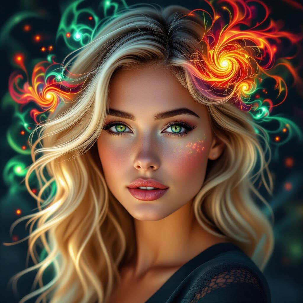 Fractal Portrait of a Blonde Woman With Cosmic Hair