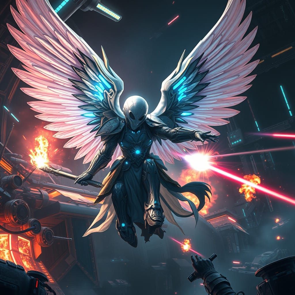 Majestic Sci-Fi Angel in Neon-Lit Space Combat