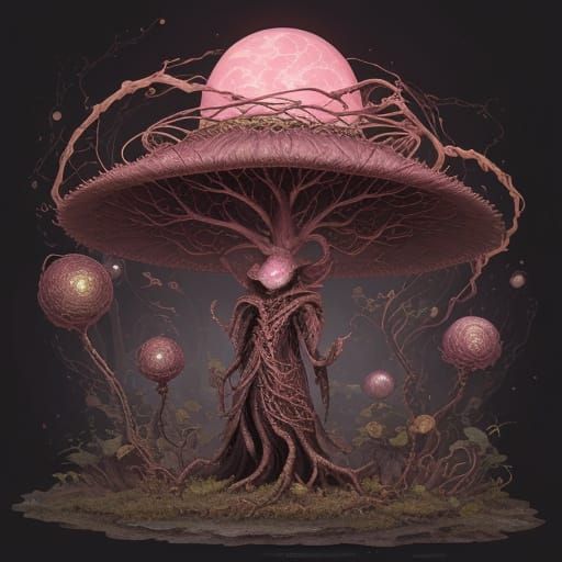 Alien Fungal Creature with Glowing Eyes and Root Tendrils