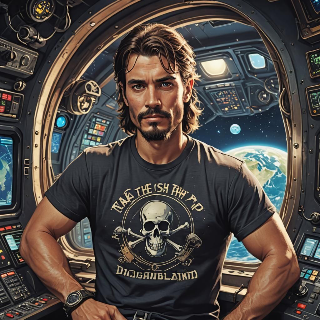 Pirate on Starship Wearing Funny T-Shirt
