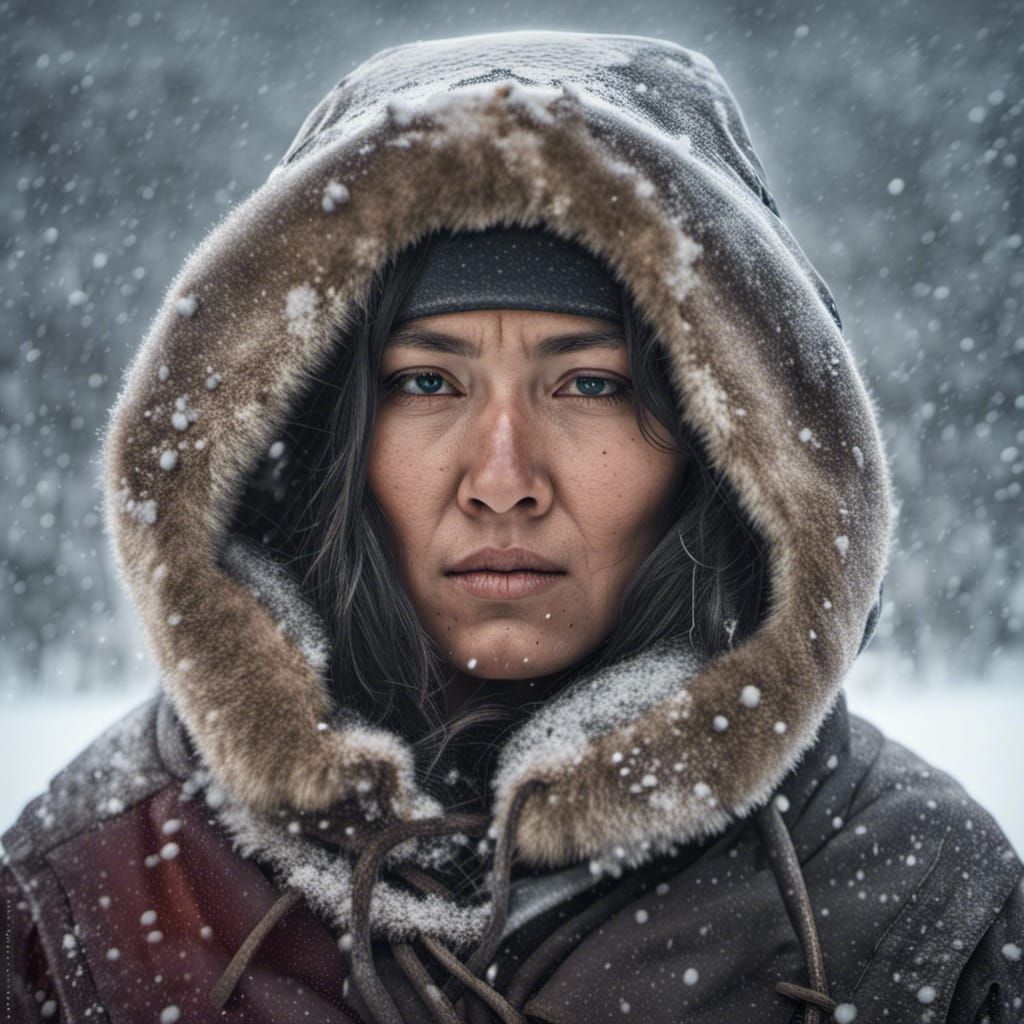 Inuit Woman Enduring a Snowstorm: 8K Portrait