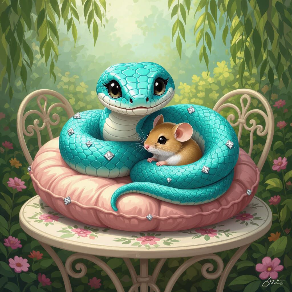 Whimsical Viper and Mouse Cuddle on Garden Table