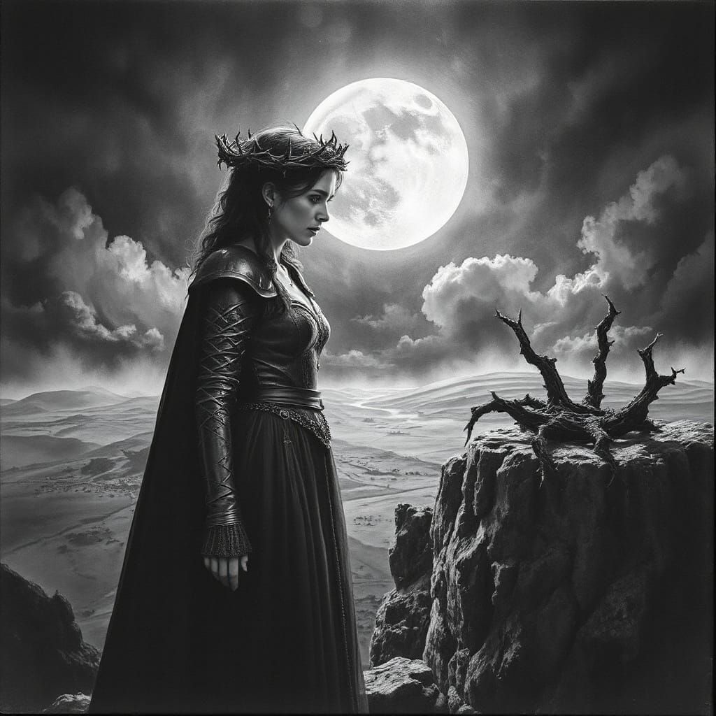 Evil Queen on Precipice in Charcoal Drawing Style