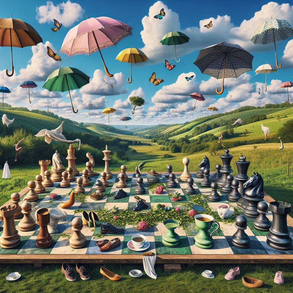 Surreal Chess Tableau in a Verdant Meadow