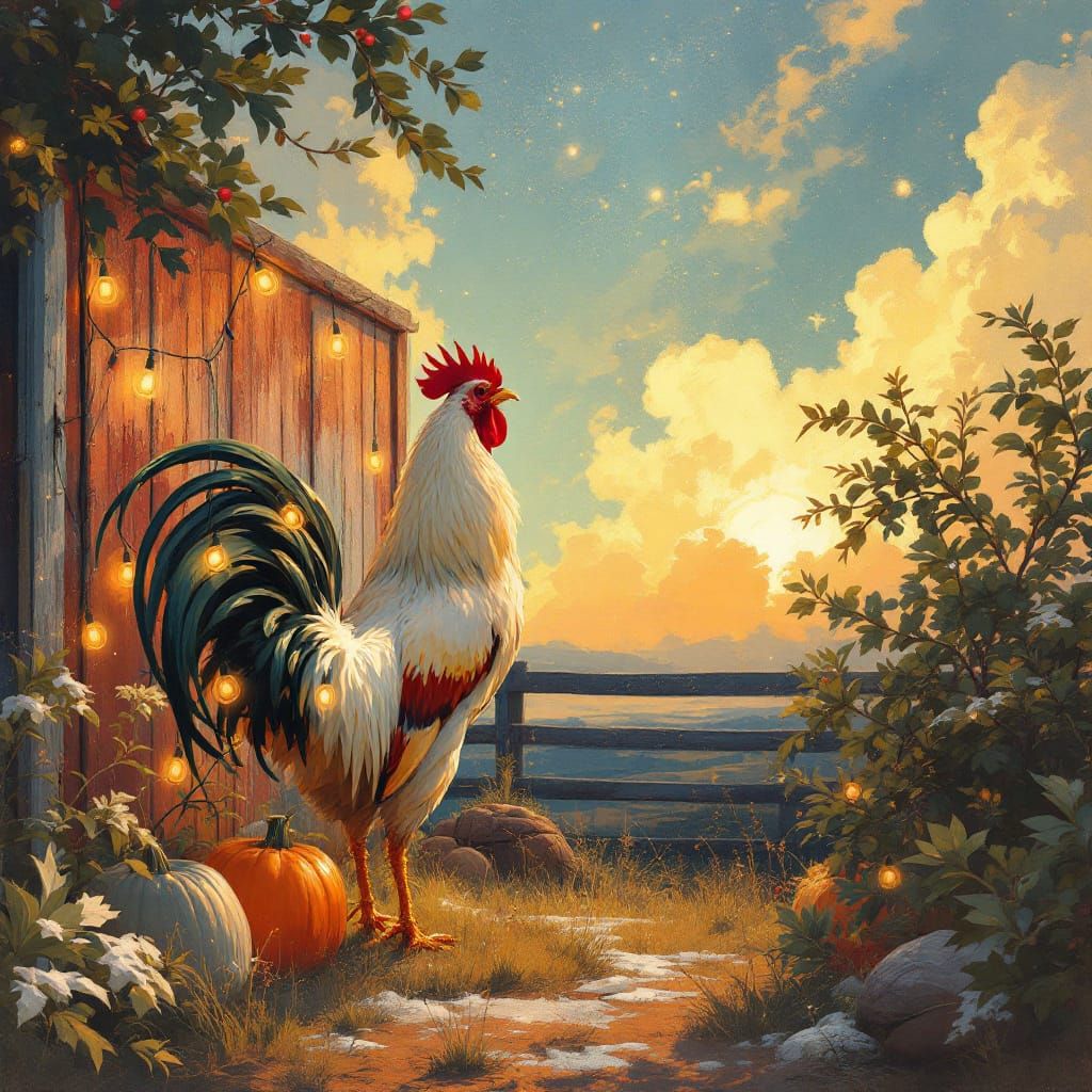 Optimistic Rooster Decorates Barn with Christmas Lights